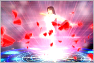 Il corpo della giovane irradia energia mentre il cerchio magico posto sotto di lei genera petali di rosa rossa, raggi e anelli luminosi