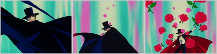 Tuxedo Kamen mentre scaglia numerose rose contemporaneamente