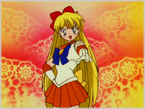 Sailor Venus mentre pronuncia il suo motto iconico nell'anime